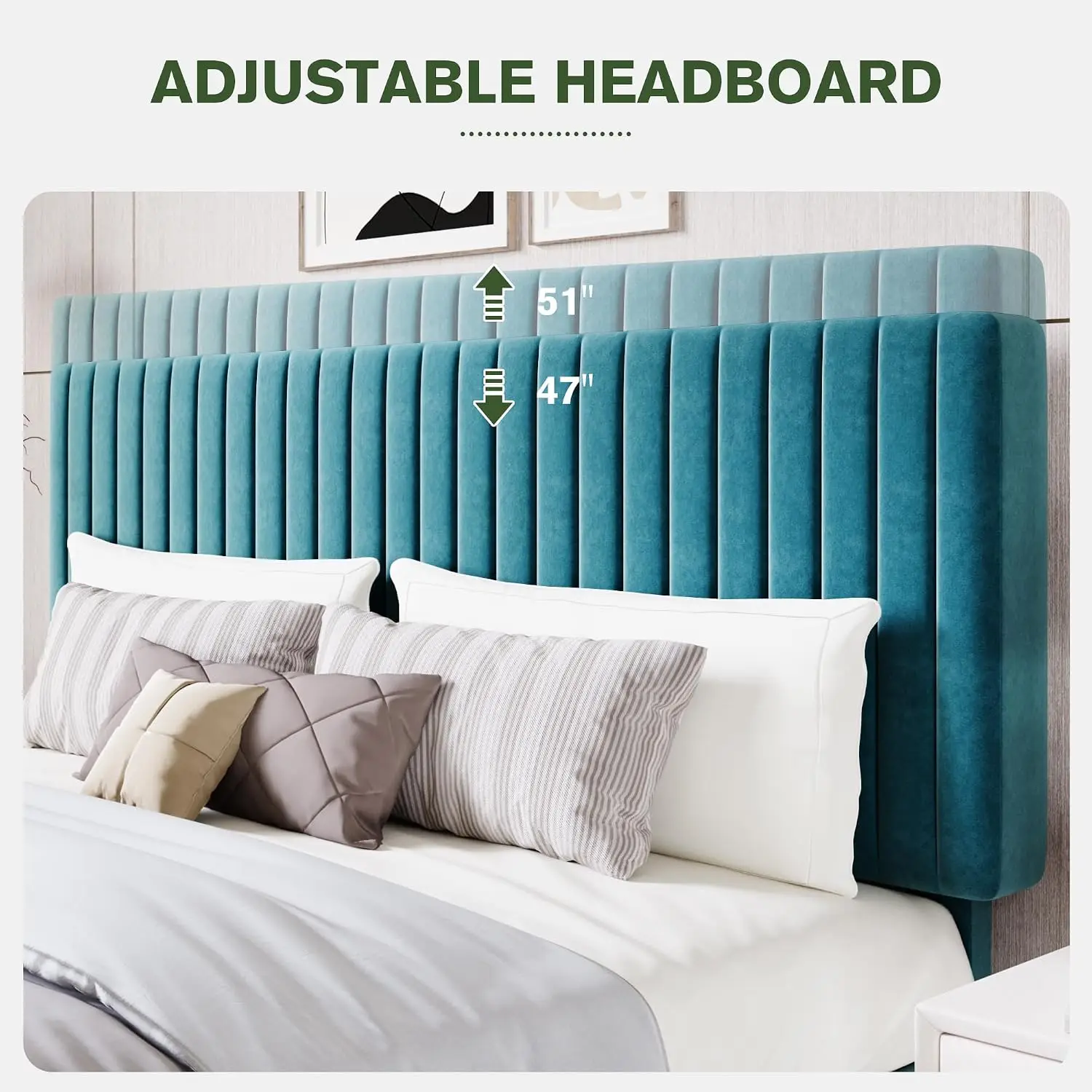 Velvet Platform Bed King Size Tufted Headboard Wooden Slats Box Spring Optional, Customized