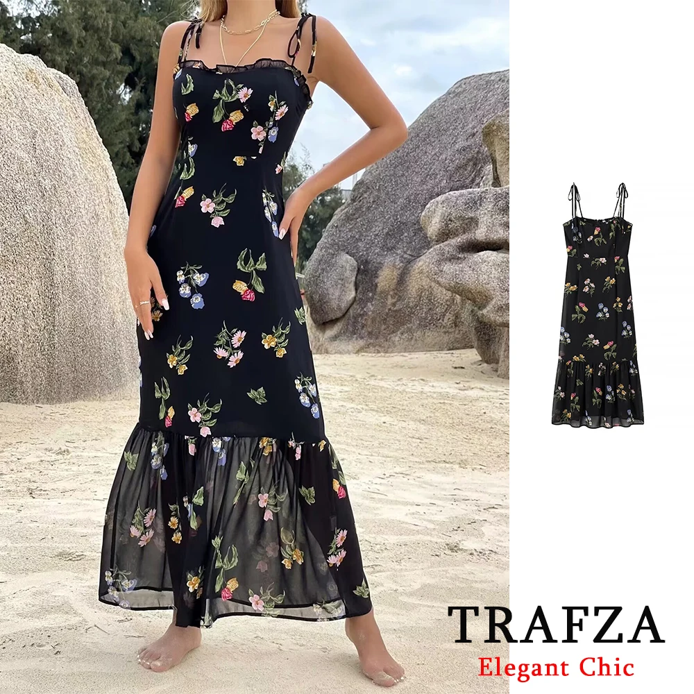 TRAFZA-Robe fourreau imprimée pour femme, robe mi-longue, camisole vintage, fête sur la plage, robe de soirée de vacances, mode estivale, 2024