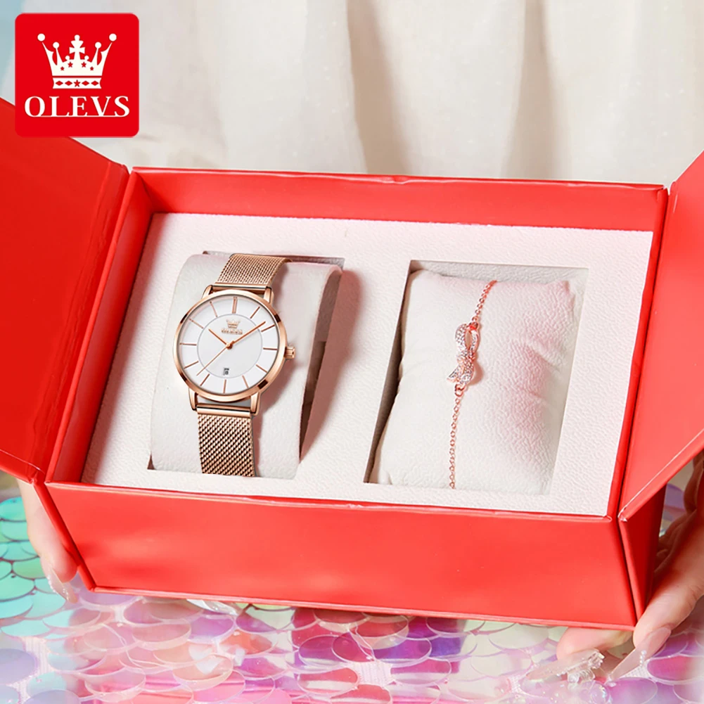 OLEVS 5869 Woman Watch Elegant Simple Quartz Watch Mesh Belt Waterproof Luminous Date Watch Bracelet Set Box Gifts Original