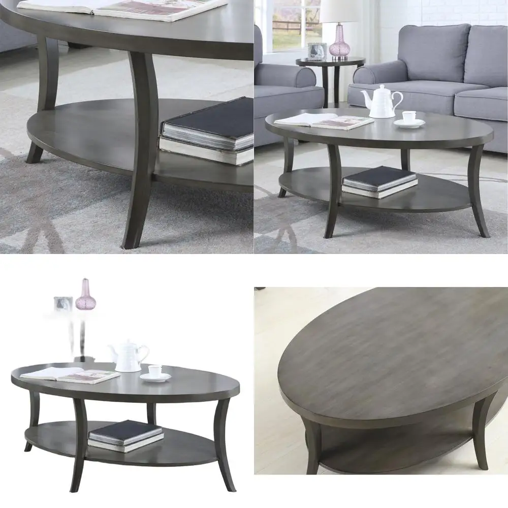 

Modern Gray Oval Coffee Table with Contemporary Shelf