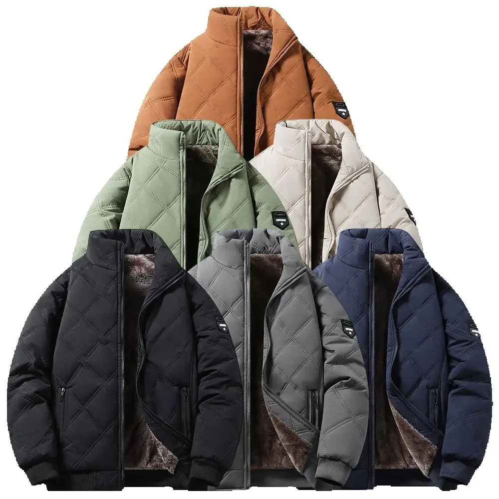 

New Windproof Thermal Diamond-Quilted Cotton Jacket Winter Men's Fleece-Lined Thickened Cuff Design Stand-Up Collar Jacket