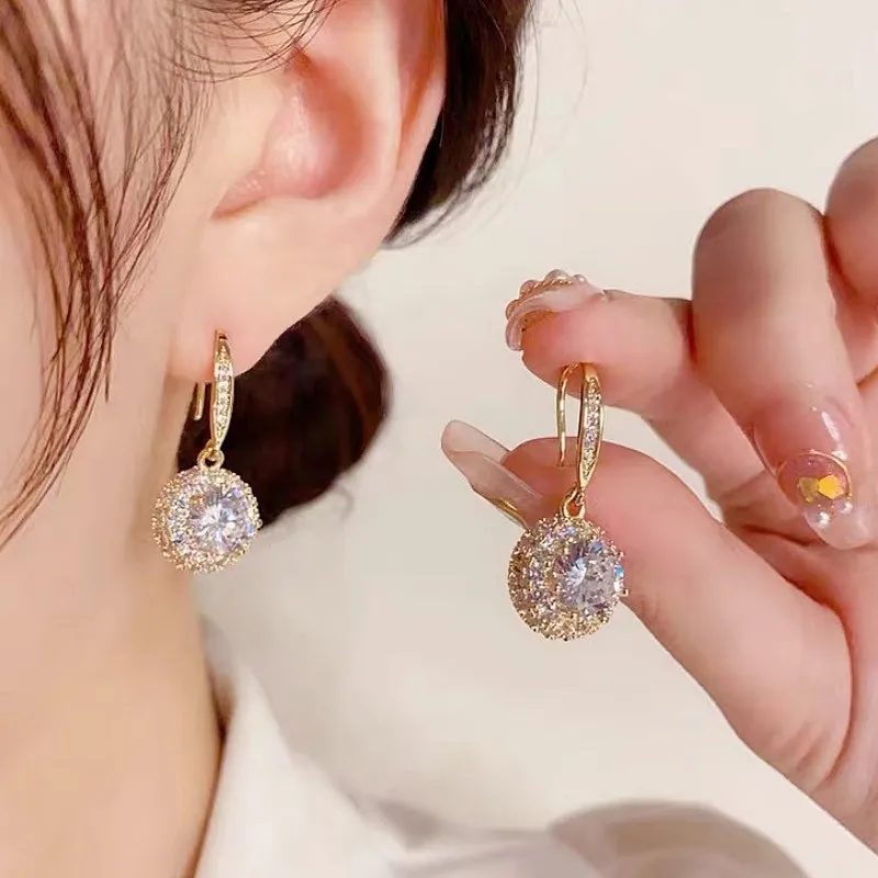 Female Luxury Crystal Round Earrings Vintage Golden Color Classic Wedding Jewelry Zircon Stone Earrings For Women Gifts