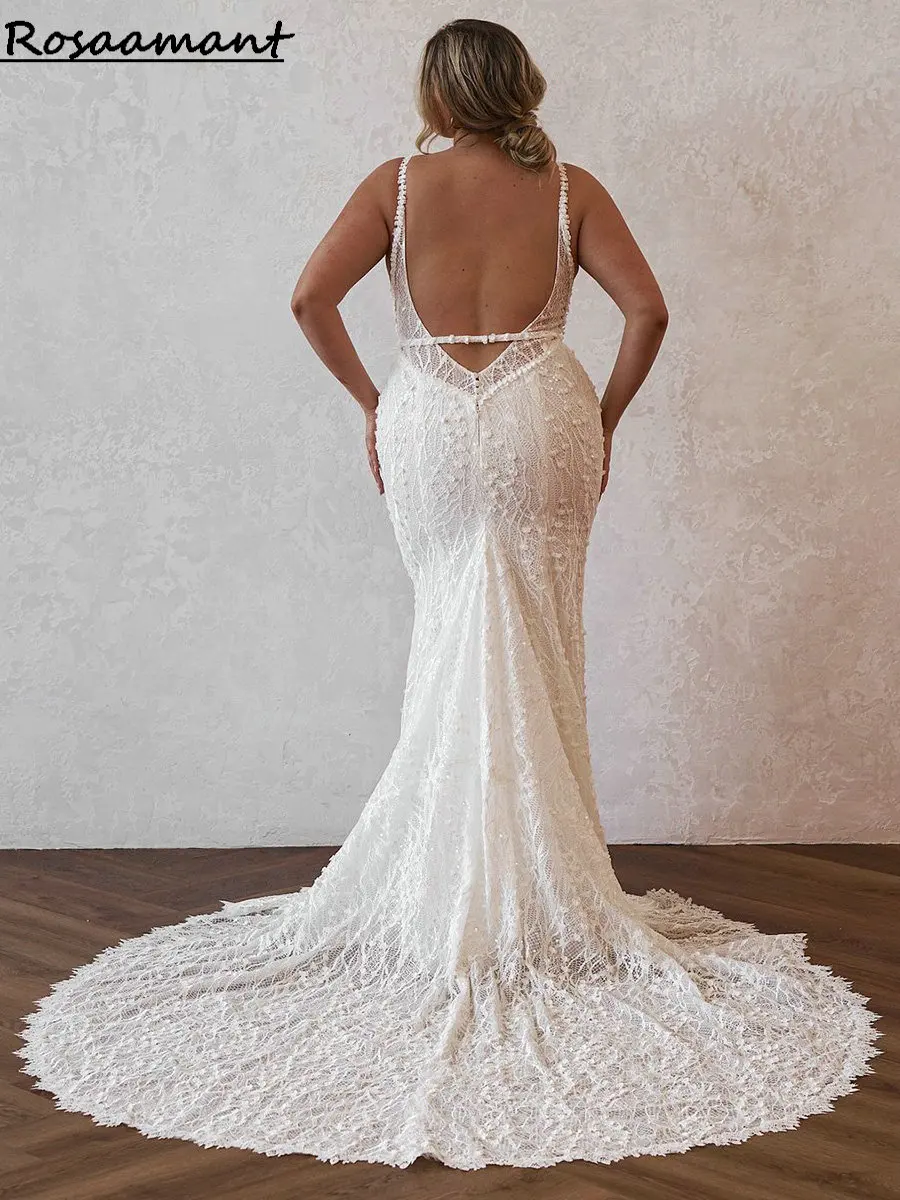 Bohemian Spaghetti Straps Plus Size Mermaid Wedding Dresses Backless 3D Flowers Lace Country Boho Bridal Gowns