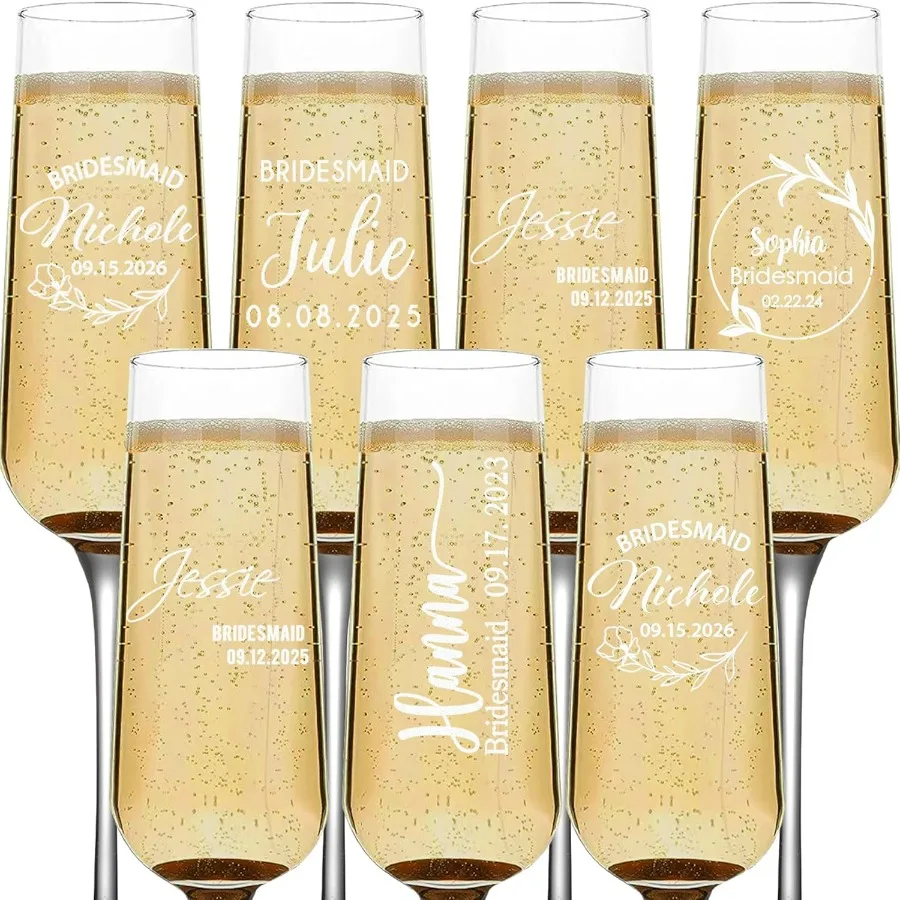 

Personalized Champagne Flutes for Bachelorette Party and Bridal Shower: 7.7oz Custom Monogrammed Engraved Toasting Glasses Set