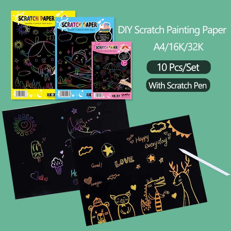 10 Pcs/Set A4 16K 32K Colorful DIY Scratch Painting Paper Children's Painting DIY Handmade Blank Scratch Painting Paper