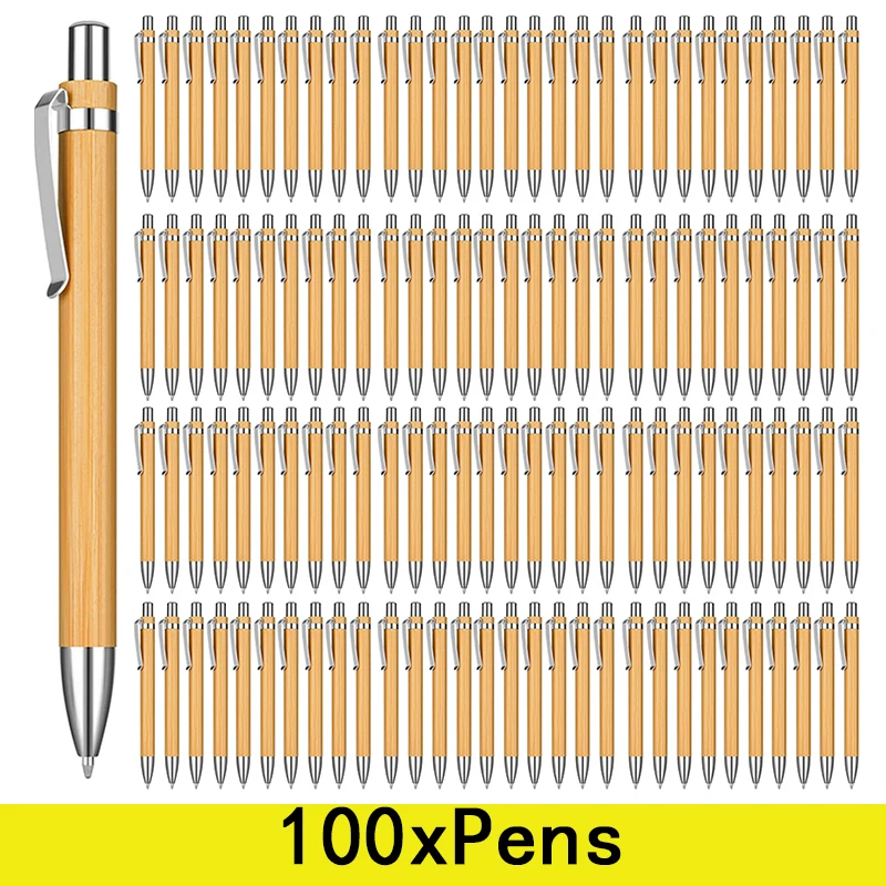 

100 шт., деревянная бамбуковая шариковая ручка с наконечником 1,0 мм, синие и черные чернила, офисные и школьные канцелярские принадлежности, зеркальные шариковые ручки