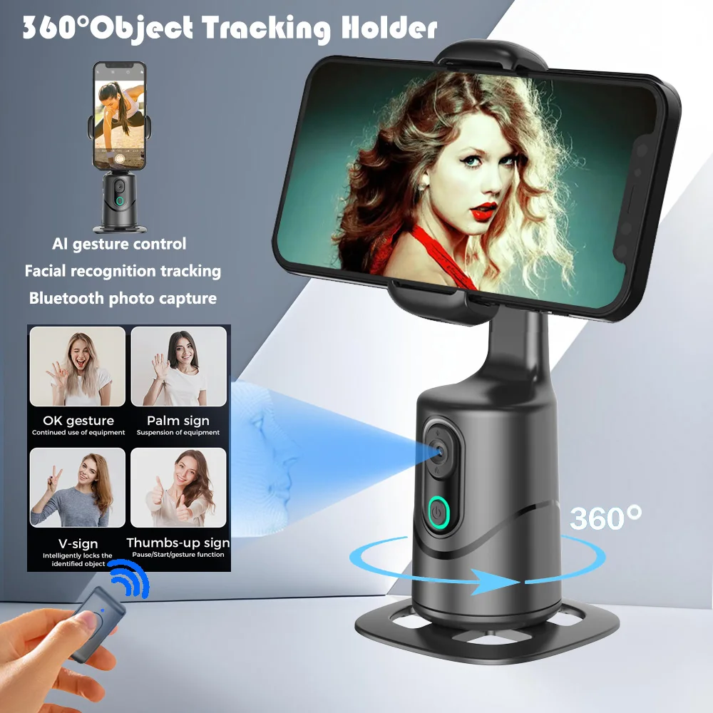 

Automatic facial tracking phone holder with remote control and gesture control, 360 ° rotating phone camera holder