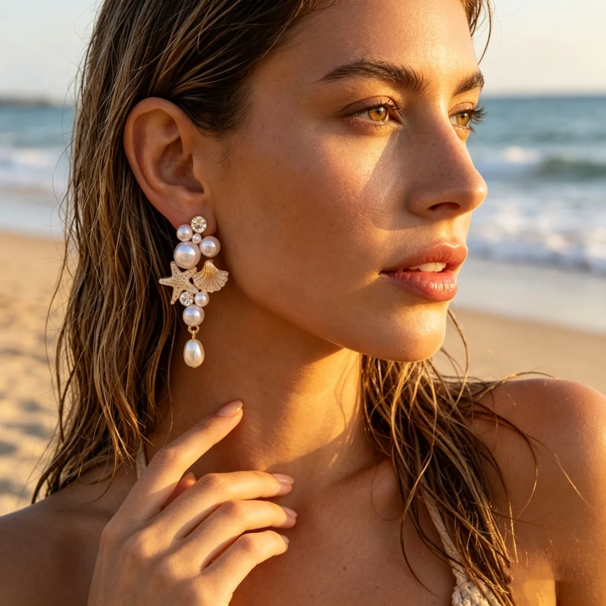 Sommerliche Imitationsperlen-Seestern-Muschel-Quasten-Ohrringe, Boho Ozean Strand Muschel Stern Hängeohrringe, Trendiger Urlaubsschmuck – Detail 7