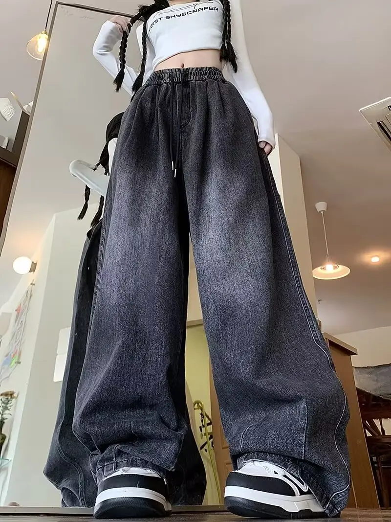 Vintage American Style Men's Casual Washed Denim Jeans Elastic Waist Straight Leg Wide Leg Pants Autumn Wear for Teens