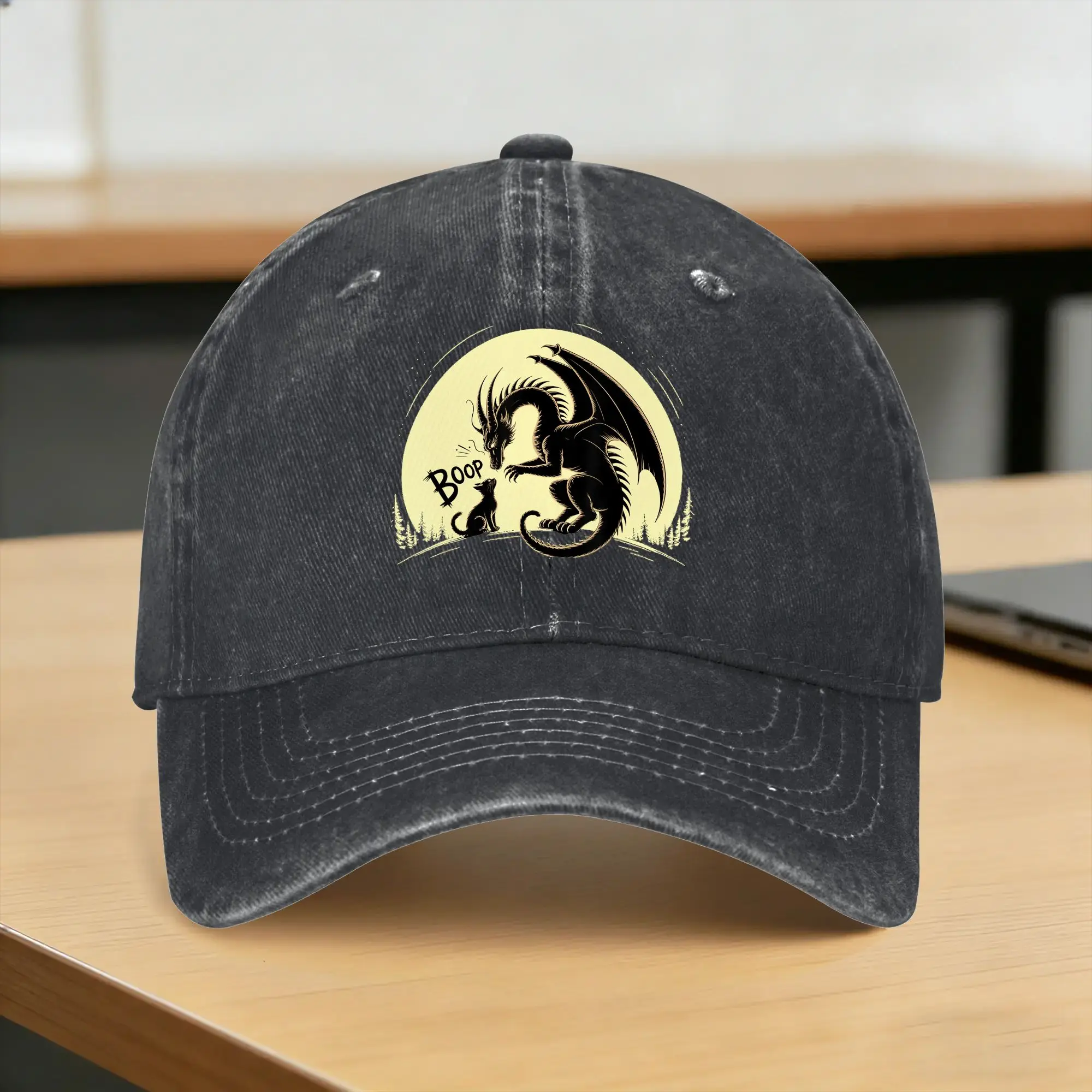 Dragon Boop Cat Under Full Moon Cute Fantasy Night Funny Casual Baseball Cap Summer  Trucker Hat Wholesale Running Snapback Cap