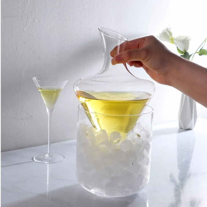 

Tumbler Wine Decanter with Ice Bucket Whiskey Decanter Hand Blown Crystal Wine Carafe Rotating Rapid Sway Glass Bottle
