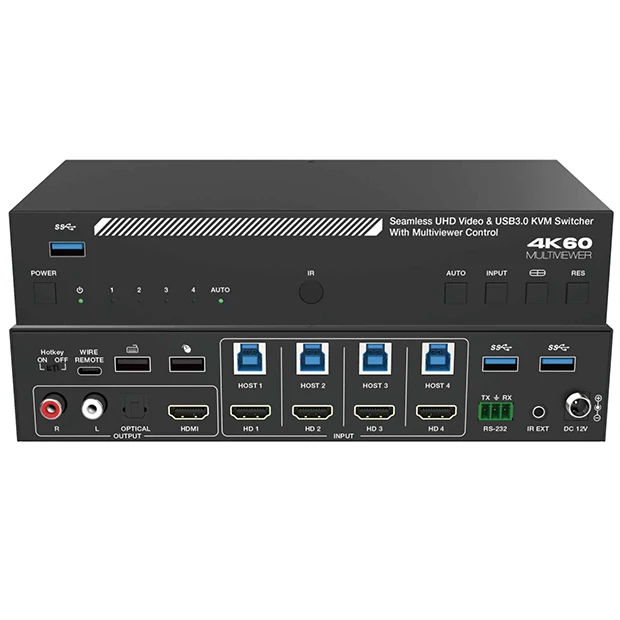 4K60hz 18Gbps Seamless 4X1 HDMI KVM Switch Quad Multi-viewer With USB3.0 RS232 Control Support 8 Display Modes