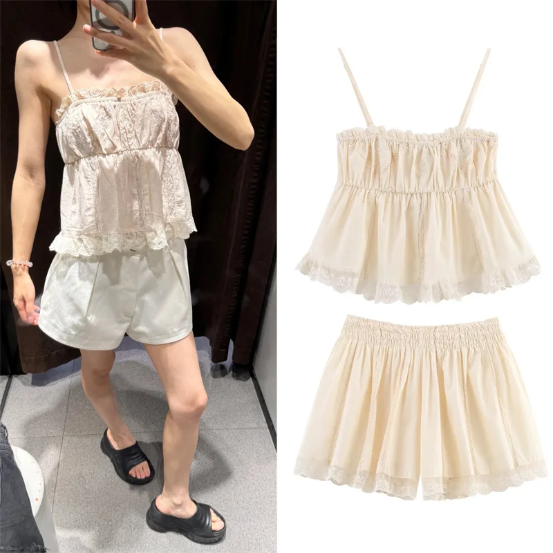 

Women's Suit New summer 2025 Light Yellow Suspender Embroidered Top Shorts suit Sexy and Fashionable Casual Personality
