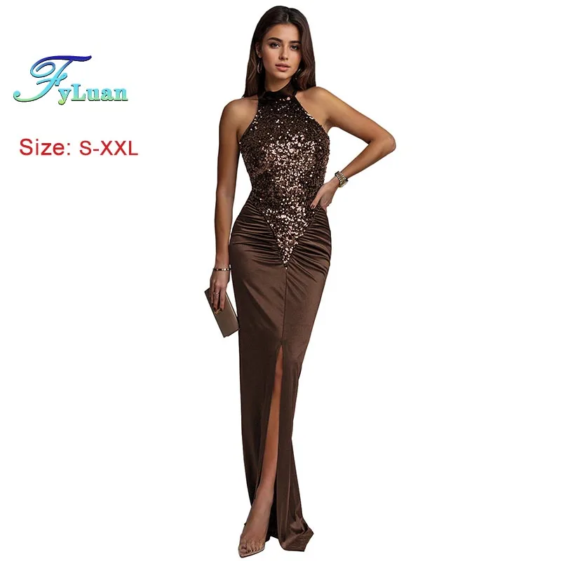 Abito da cena alla moda Abbigliamento donna Abito lungo senza maniche Abito lungo sexy slim tinta unita con decorazione di paillettes Abito da ballo da sera