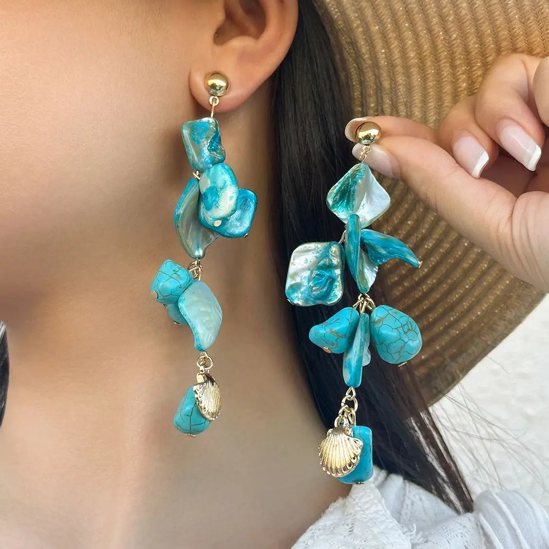 Lacteo Bohemia Geometric Blue Stone Tassel Eardrop Korean Fashion Large Volume Earrings Women Ocean Beach Jewelry Accessories