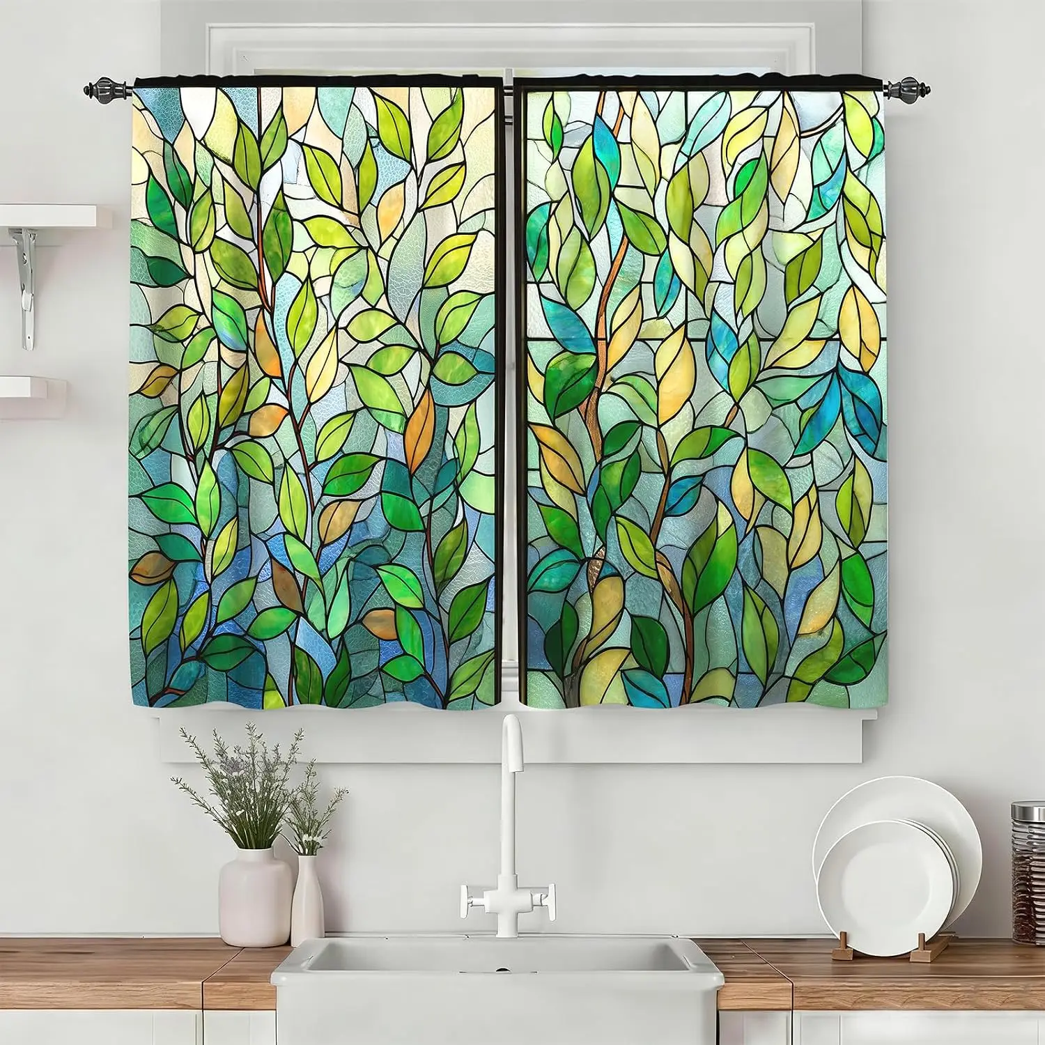 Beautiful Botanical Leaf Green Pattern Curtain Pair Set of 2 Watercolor Style Window Curtains for Living Room Bedroom Decor