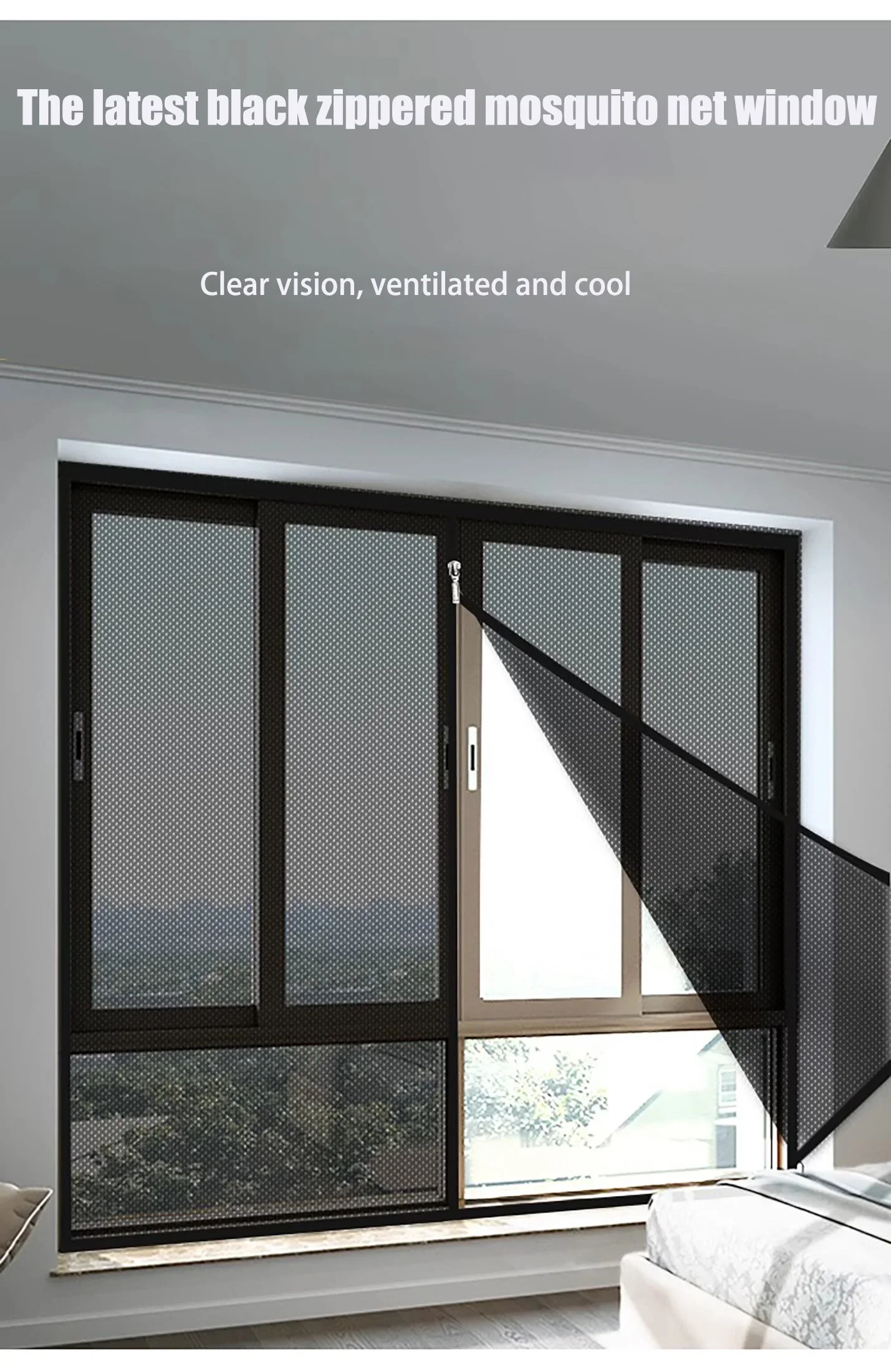 

Black mosquito screen window, sliding curtain, invisible zipper gauze mesh, non perforated, self-adhesive