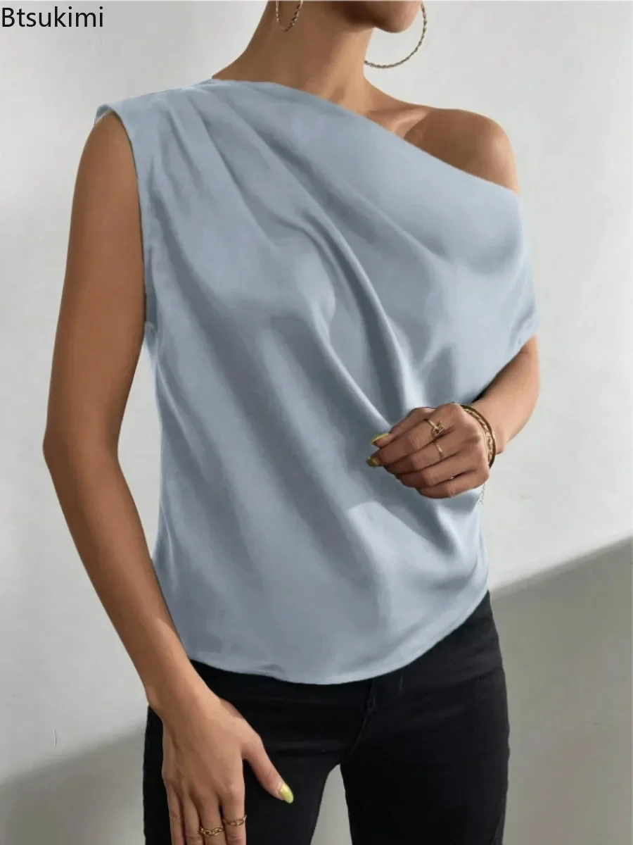 2024 Women\'s Freeacy Collar One-Shoulder Asymmetric Loose Satin Blouses Shirts Tanks Ladies\' Spring Summer Elegant Shirt Tops