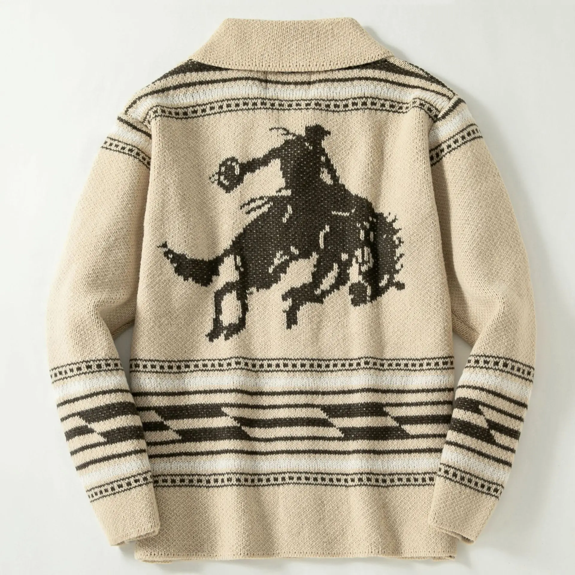 Retro Bull Head Knitted Sweater Long Sleeve Flip Collar Cross-Border Men's Clothing Standard Fit Polyester Fiber Machine Wash...