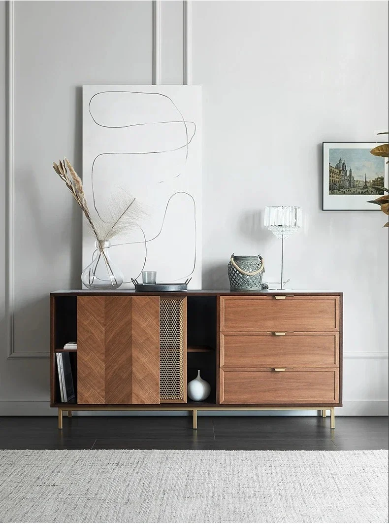 Light luxury post-modern dining side cabinet, retro entrance cabinet, Nordic simple living room copper mesh decorative cabinet