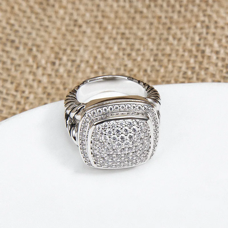 2023 DY Cross border Square 17MM Zircon Imitation Diamond European and American Style Twisted Wire 925 Silver Ring Gift