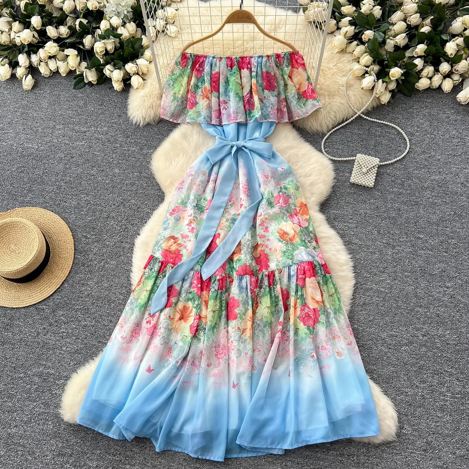 Summer Holidays Gorgeous Flower Chiffon Dress Women Sexy Off The Shoulder  Elastic Waist Floral Print Maxi Boho Robe Vestidos - AliExpress 200000345