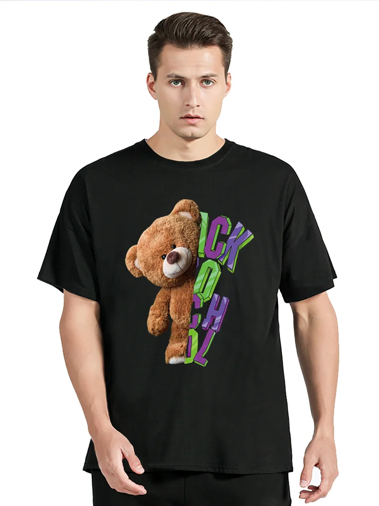 

Fashion All-match Women Cotton T-shirt Cartoons Cute Bear Tops Summer Black Classic O-Neck Tee Women Clothes Hip Hop Tshirt