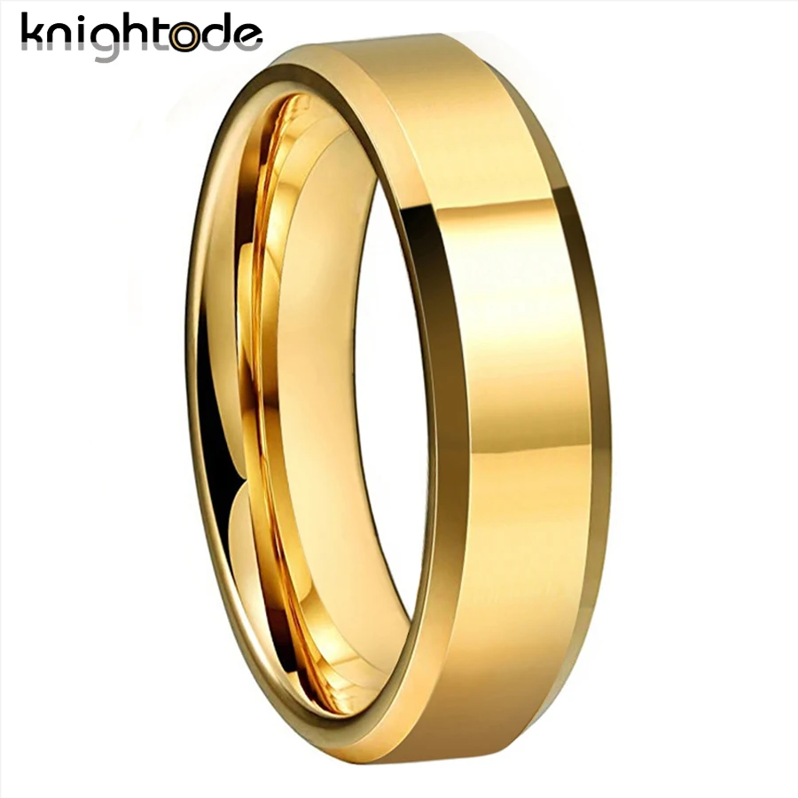 6/8mm High Quality Gold Color Wedding Band Men Women Tungsten Carbide Engagement Rings Beveled Edges Flat Polishing Comfort Fit