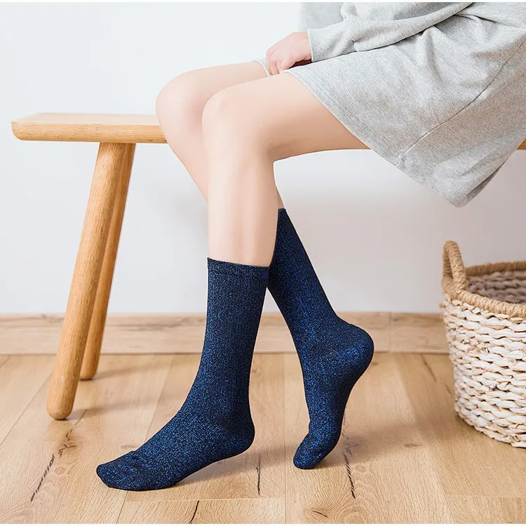 Fashion Shiny Glitter Striped Women Socks Trendy Rocks Roll Sparkled Bright Color Cute Kawaii Winter Warm Funny Socks Streetwear