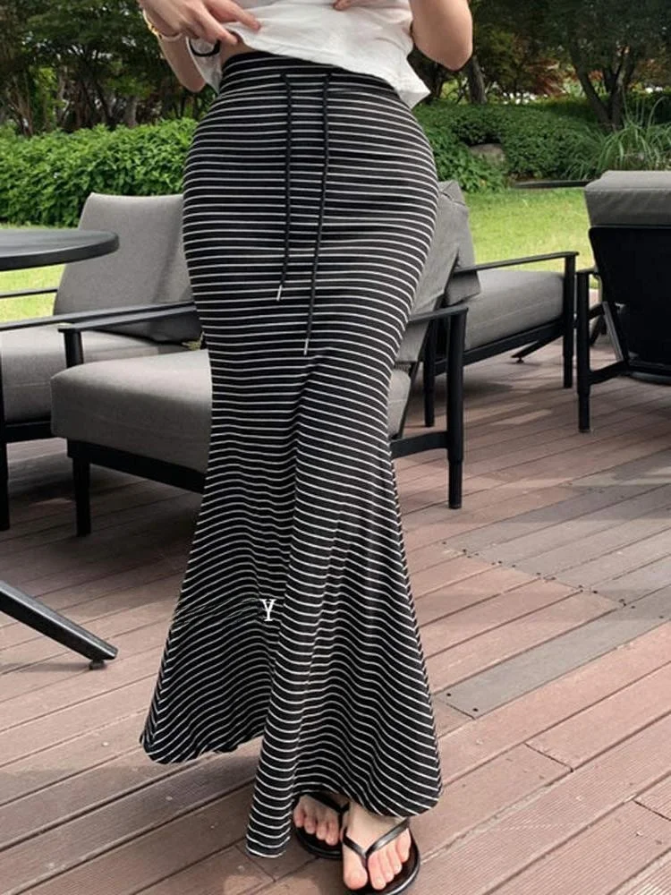 Slimming Striped Fish Tail Half Skirt by 51STUDIO LM070 High Waist Commute Style PVC Fabric Citywalk Suitable Other Material