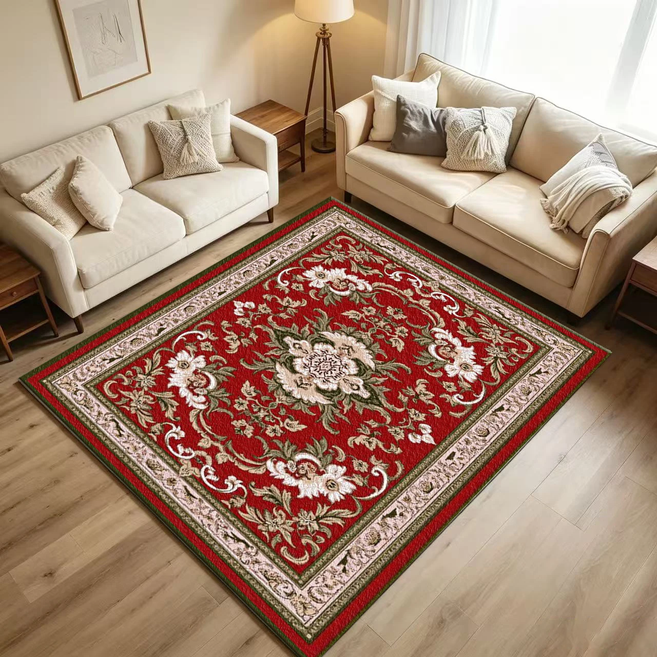 Classic Red Oriental Floral Medallion Carpet Flooring Traditional Ornate Border Vintage Style Printed Floor Rug for Household Living Room Home Decor