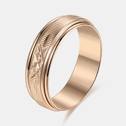 1pcs 6MM Women Men Wedding Couple Rings 585 Rose Gold Color Simple Rotatable Pattern Round Jewelry