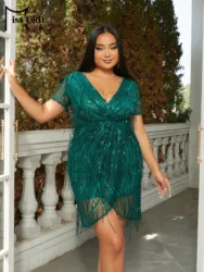 Missord Plus Size Green V Neck Short Sleeve Sequin Mini Evening Tassel Cocktail Evening Prom Party Dress