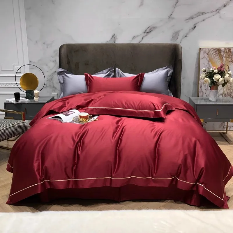 

2024 Newest Long-staple Cotton Four-piece Bed Linen Newest Plain Color Cotton Bedding Simple Nordic Style Fashion Red Color