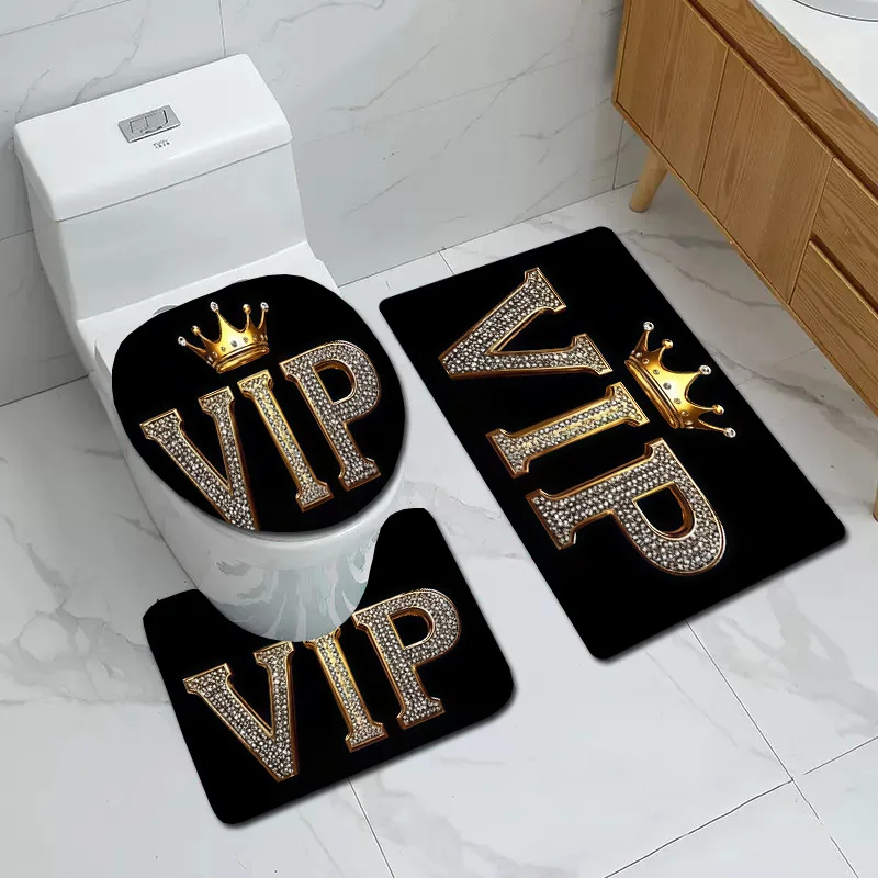 3pcs VIP Crown Bathroom Rug Set Non-Slip U-Shaped Mat and Toilet Lid Cover Black Gold Luxury Theme Washable Indoor Floor Mats