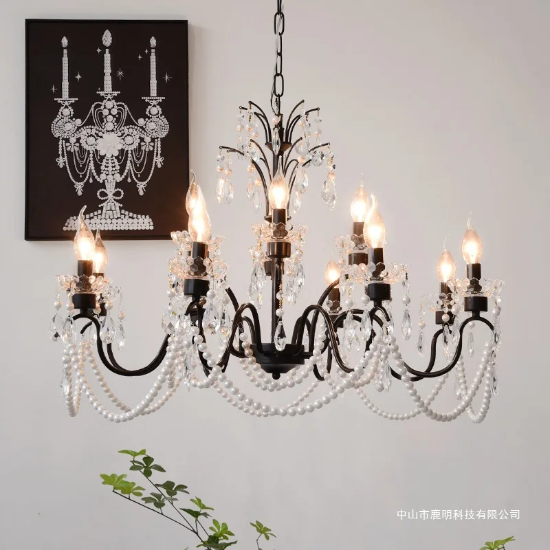 

American retro living room dining room duplex floor bedroom chandelier French high-end light luxury crystal pearl candle lamp