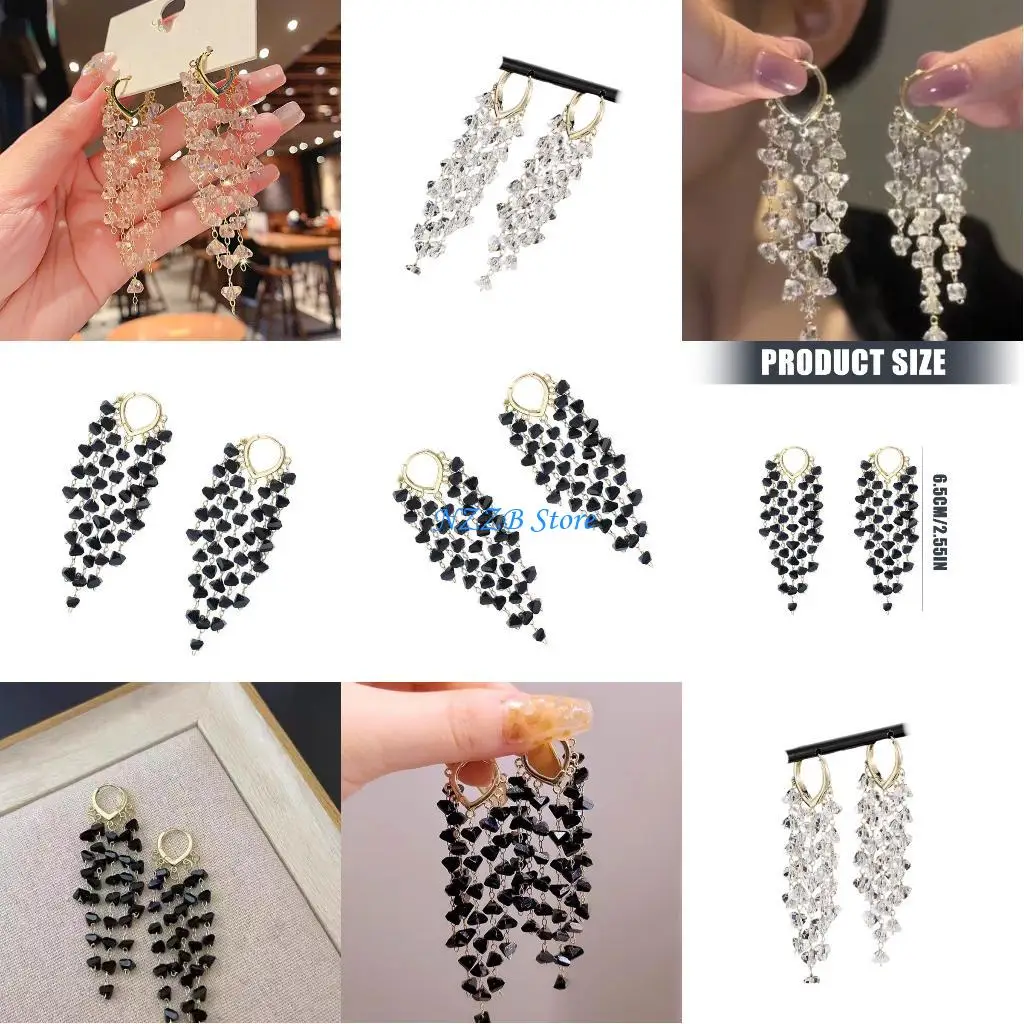 

T21F Fringe Drop Earrings Alloy Texture for Faces Slimming Effect Crystals Perfect for Weddings and Parties Versatile Use