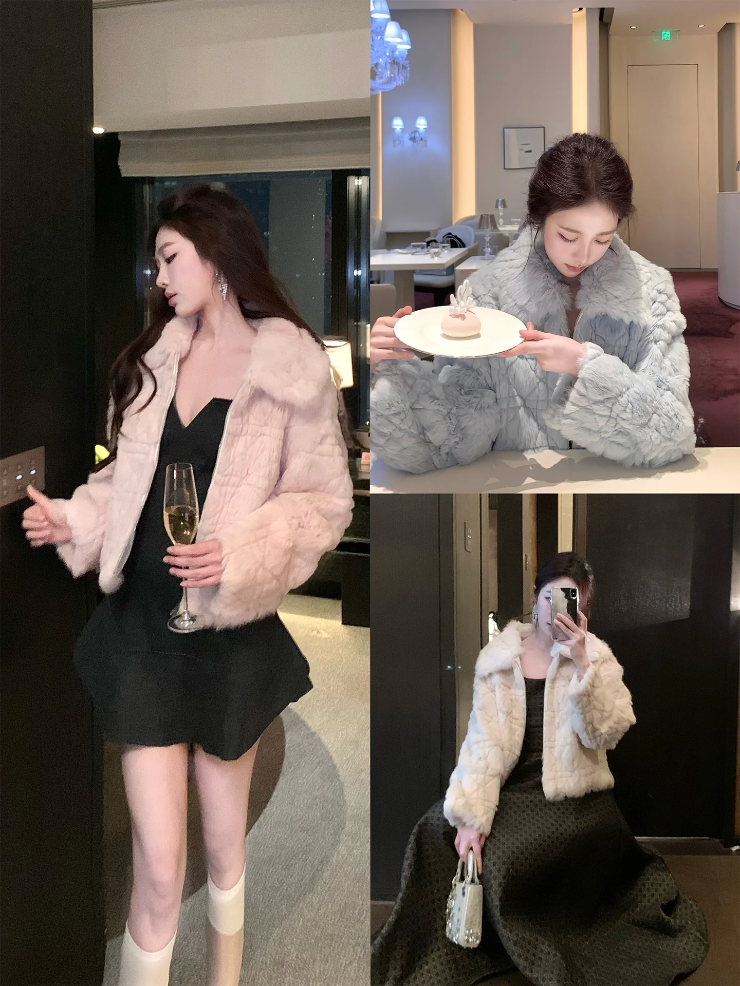 Soft Rabbit Fur Leather Jaet Women's Casual Sle ort Length Long Sve Zipper Closure Diamond Pattern Collectible Baby ...