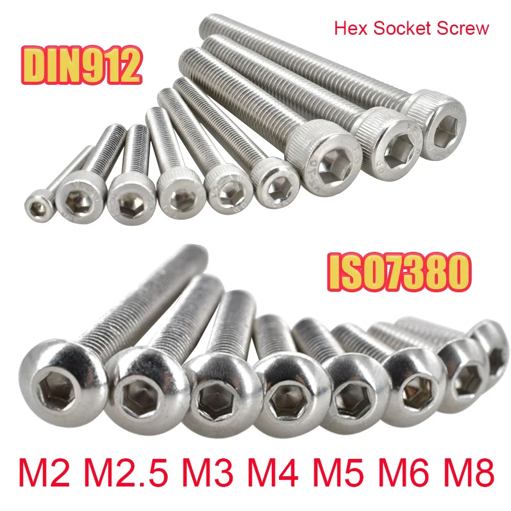 5-55 Uds 304 A2 redondo de acero inoxidable ISO7380 perno Allen DIN912 tornillo de cabeza hueca hexagonal M2 M2.5 M3 M4 M5 M6 M8 L = 4-55mm