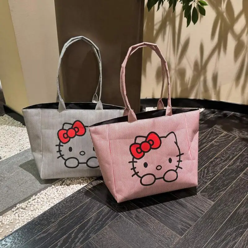 

Новая женская сумка-тоут с полосками в стиле китти, вместительная сумка, стильная сумка-тоут с мультяшным принтом, милая сумка для хранения, сумка для студентов и поездок на работу