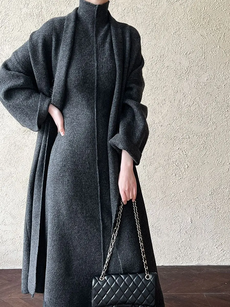 

Knitted Cardigan Sleeveless Turtleneck Dress Two-Piece Set for Women Autumn Winter New Warm Mid-Length Sweater Coat Set