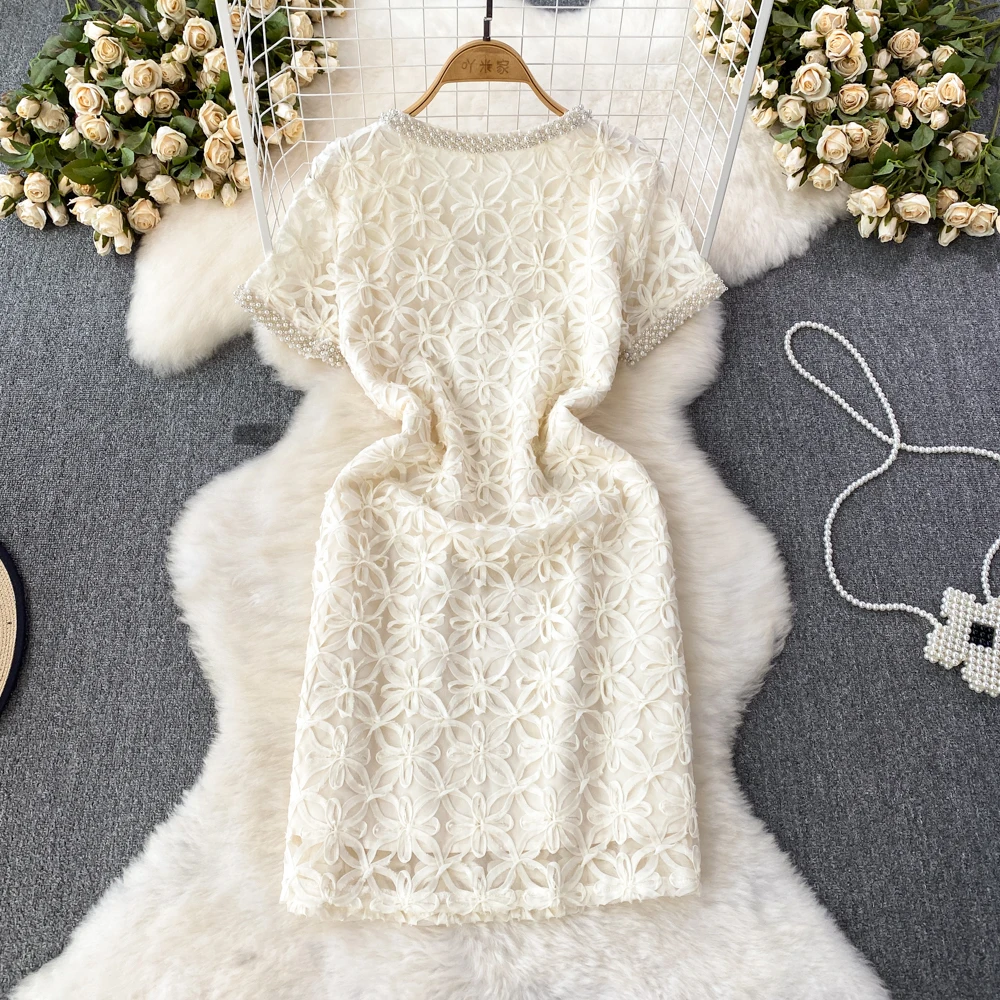 Summer Diamond Studded Nail Bead Temperament Crochet Three-Dimensional Lace Slim Women's Retro Dress