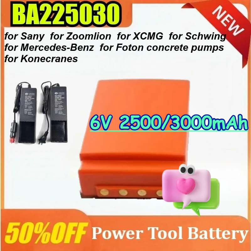 

BA225030 6V 2500/3000mAh Ni-MH Battery for HBC Sany Zhonglian XCMG for Cranes Pumps Replacement for FUB 05AA with Charger