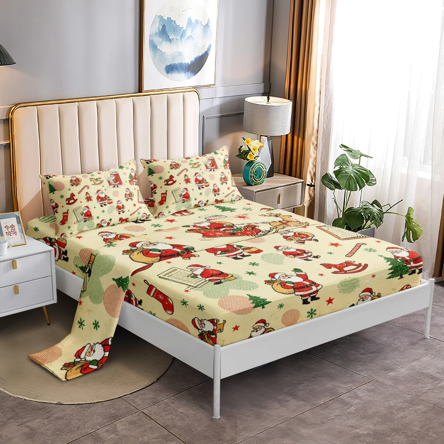 4Pcs Vintage Xmas Bedding Set, Retro Santa Claus Gift Bag Christmas Tree Stocking Print Fitted Sheet Flat Sheet, Family Bedrooms