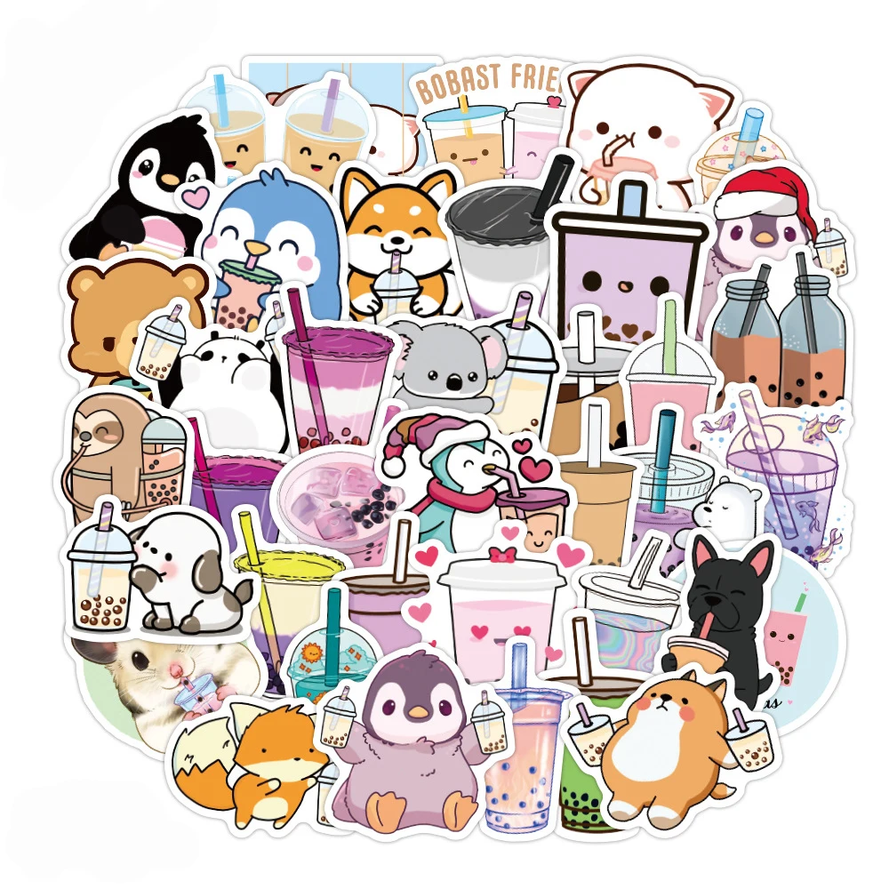 

10/30/50/100pcs Cute Cartoon Animal Pearl Milk Tea Stickers Aesthetic Bubble Teas Decal DIY Stationery Laptop Kawaii Kid Sticker