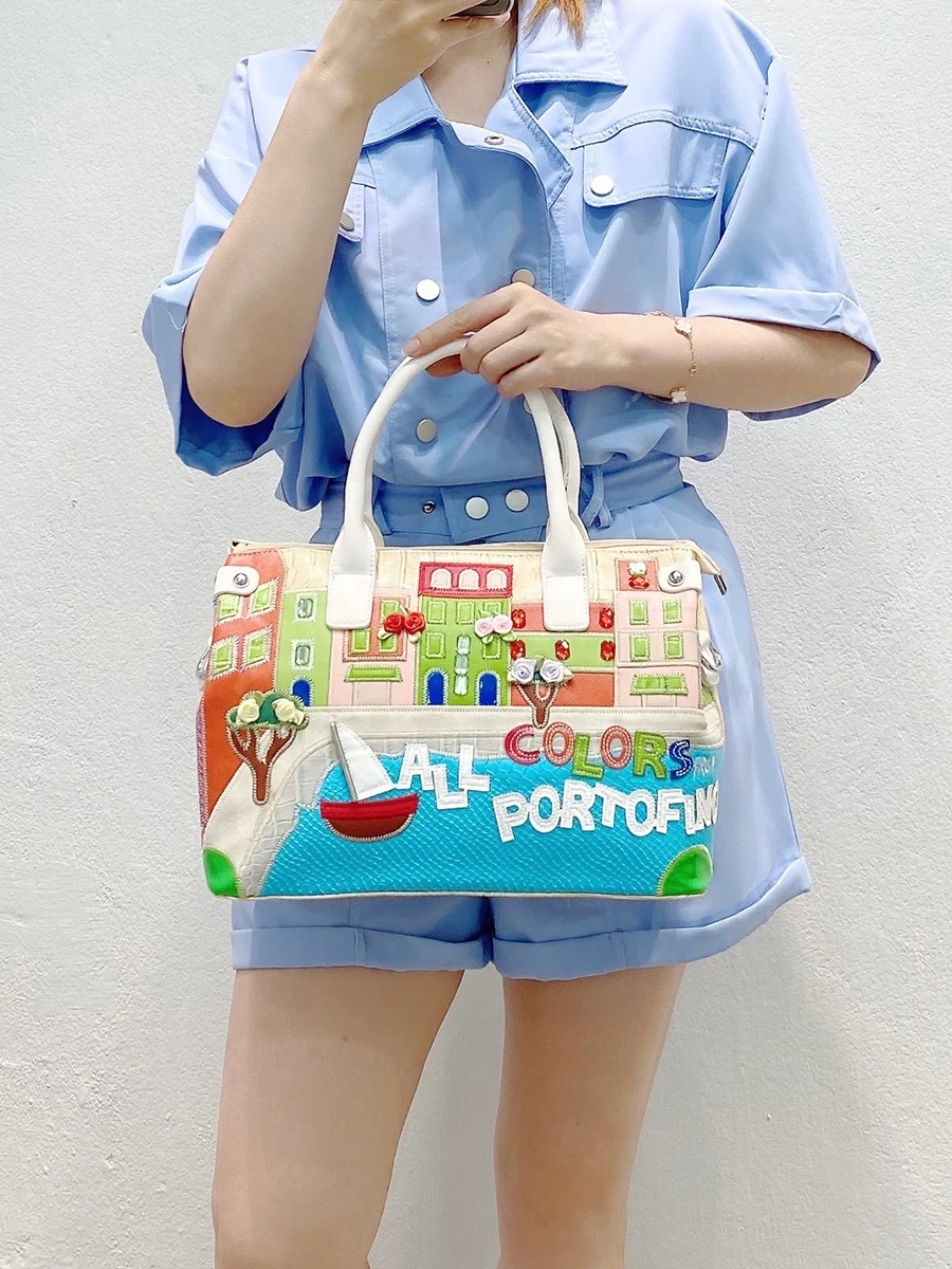 Cartoon Embroidery Landscape Women Purse and Handbag Designer Female Tote Bag Fashion Ladies Shoulder Bag Cross Body Pu Leather