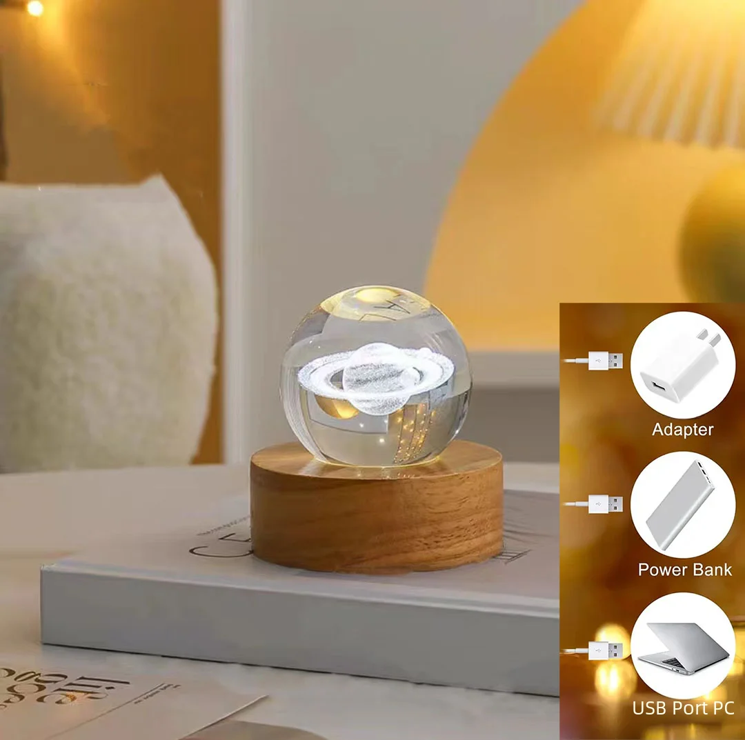 3D Saturn Crystal Ball nightlight, Living Room tabletop decoration, holiday gift, USB power, monochrome warm light,