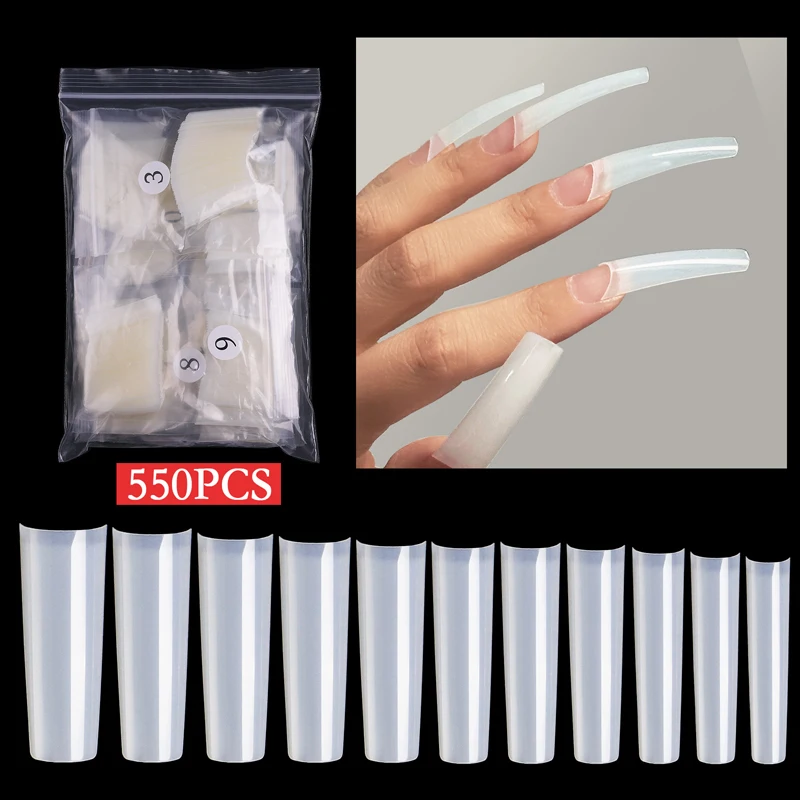 

550 Pcs/Bag Curved False Nails Acrylic Transparent, Natural Nail Supplies for Professionals Fingernails Polishing Manicure Tools