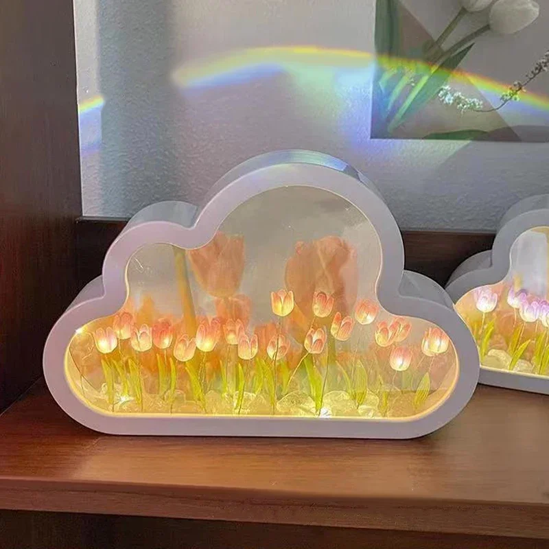 Creative LED Tulip Handmade DIY Cloud Night Light Girl Bedroom Ornaments Photo Frame Mirror Table Lamps Bedside Birthday Gifts