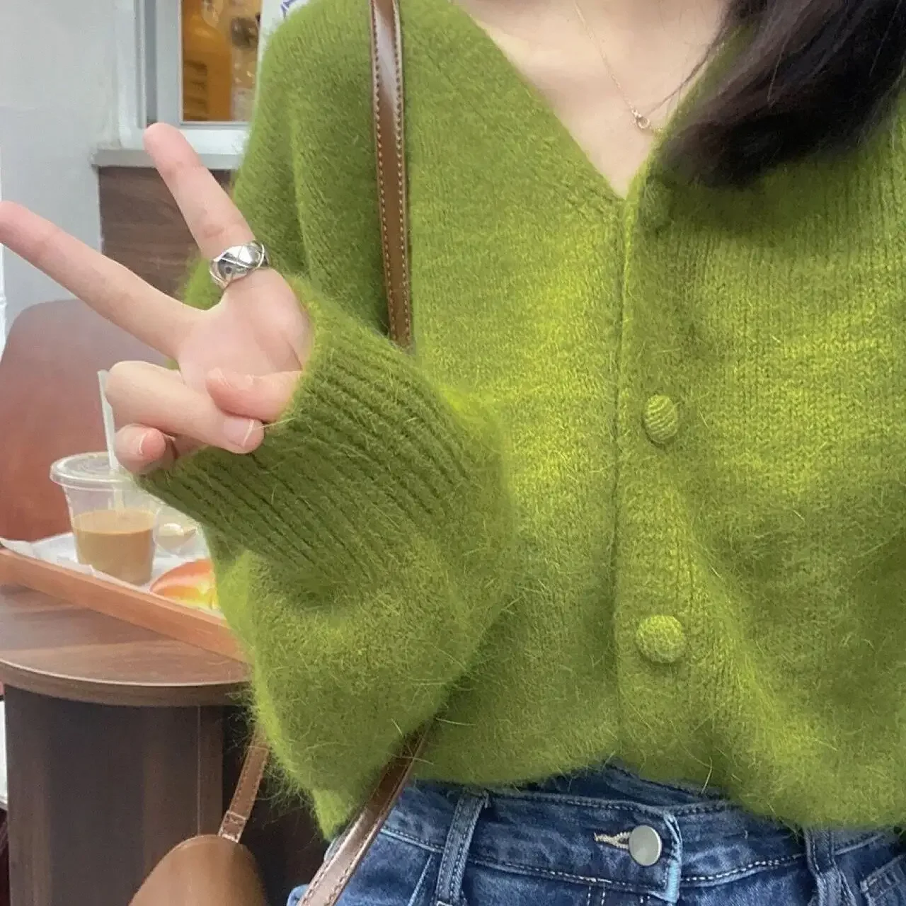 Korean Simple Fashionable Olive Green V-neck Cardigan Sweater 2023 Autumn Winter Top for Women